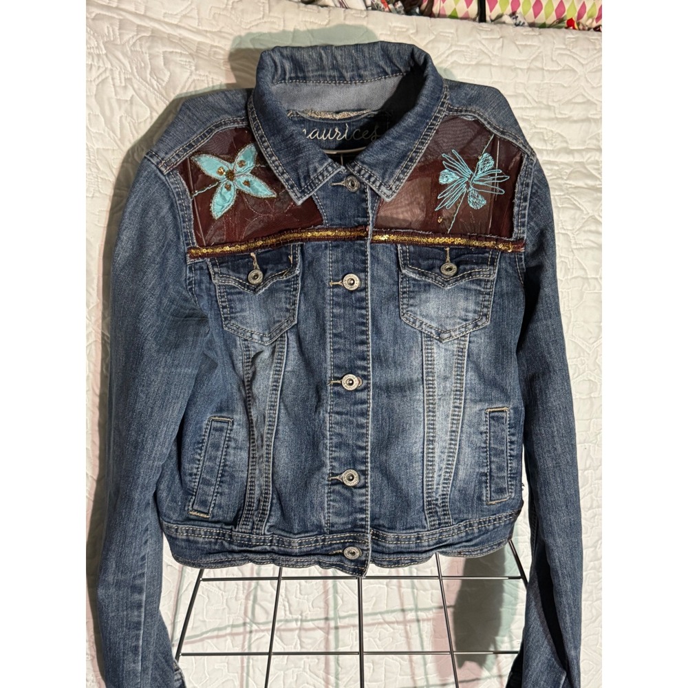 Customized Denim Jacket Small Blue Embroidered Butterfly Mesh Back Sequin